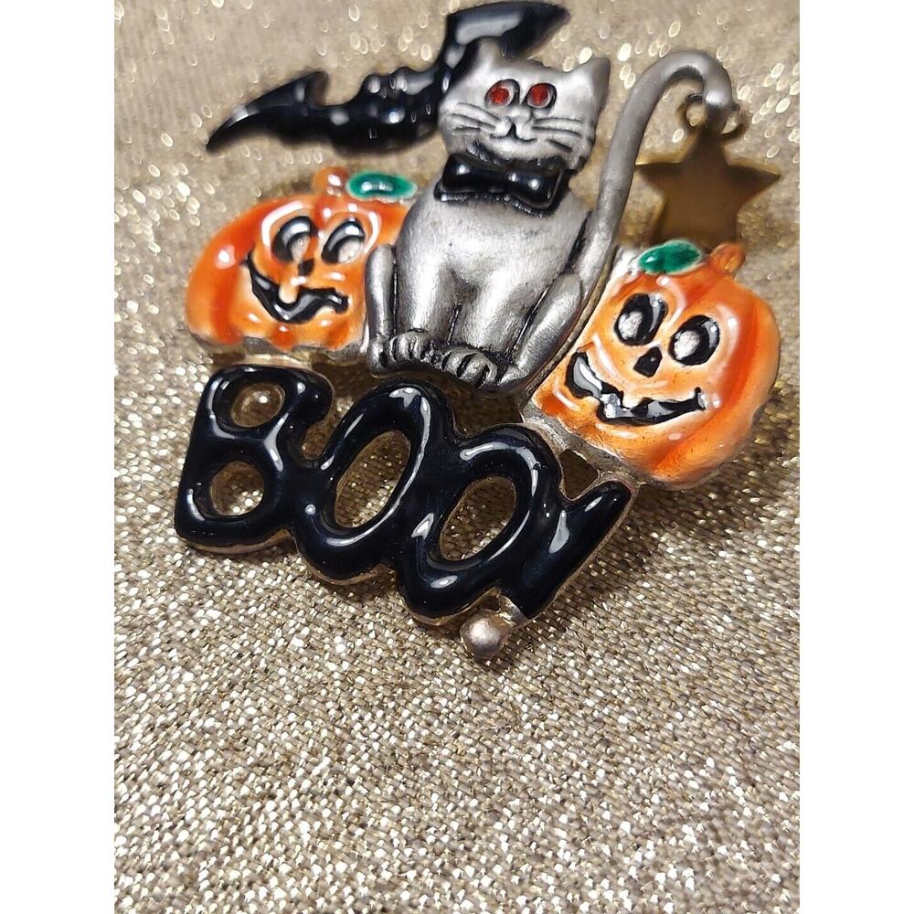 Vintage AJMC Large Halloween Cat Jack O Lantern Bat Boo Enamel Pewter Brooch Pin - Picture 3 of 12